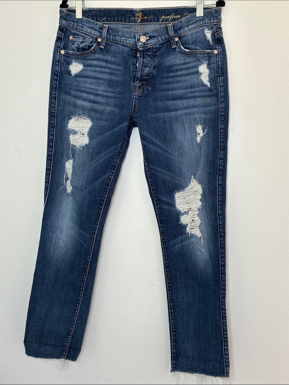 7 For All Mankind Josefina Skinny Boyfriend Jeans Size 28 Distressed Raw Hem